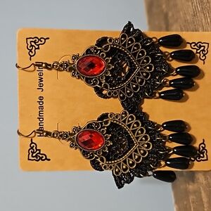Handmade Earrings . Gothic Brass/Black/Red